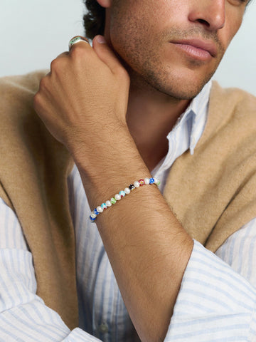 Nialaya Men's Beaded Bracelet Men's Pearl Wristband with Hand-Painted Glass Beads Men's Pearl Wristband with Hand-Painted Glass Beads